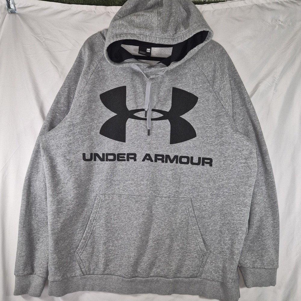 Under Armour Hoodie Mens XXL Gray Big Logo Pullover Sweatshirt Athletic Fleece